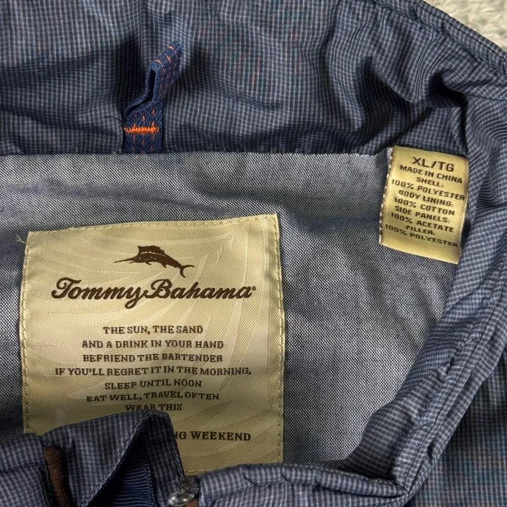 Tommy Bahama Mens XL Blue Quilted Full Zip Vest Diamond Pattern‎ Brown Trim
